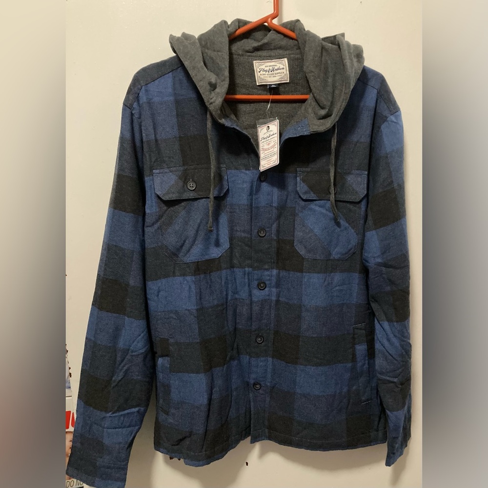 Flag & Anthem Men’s Navy Blue and Black Checkered Hooded Jacket Size Medium